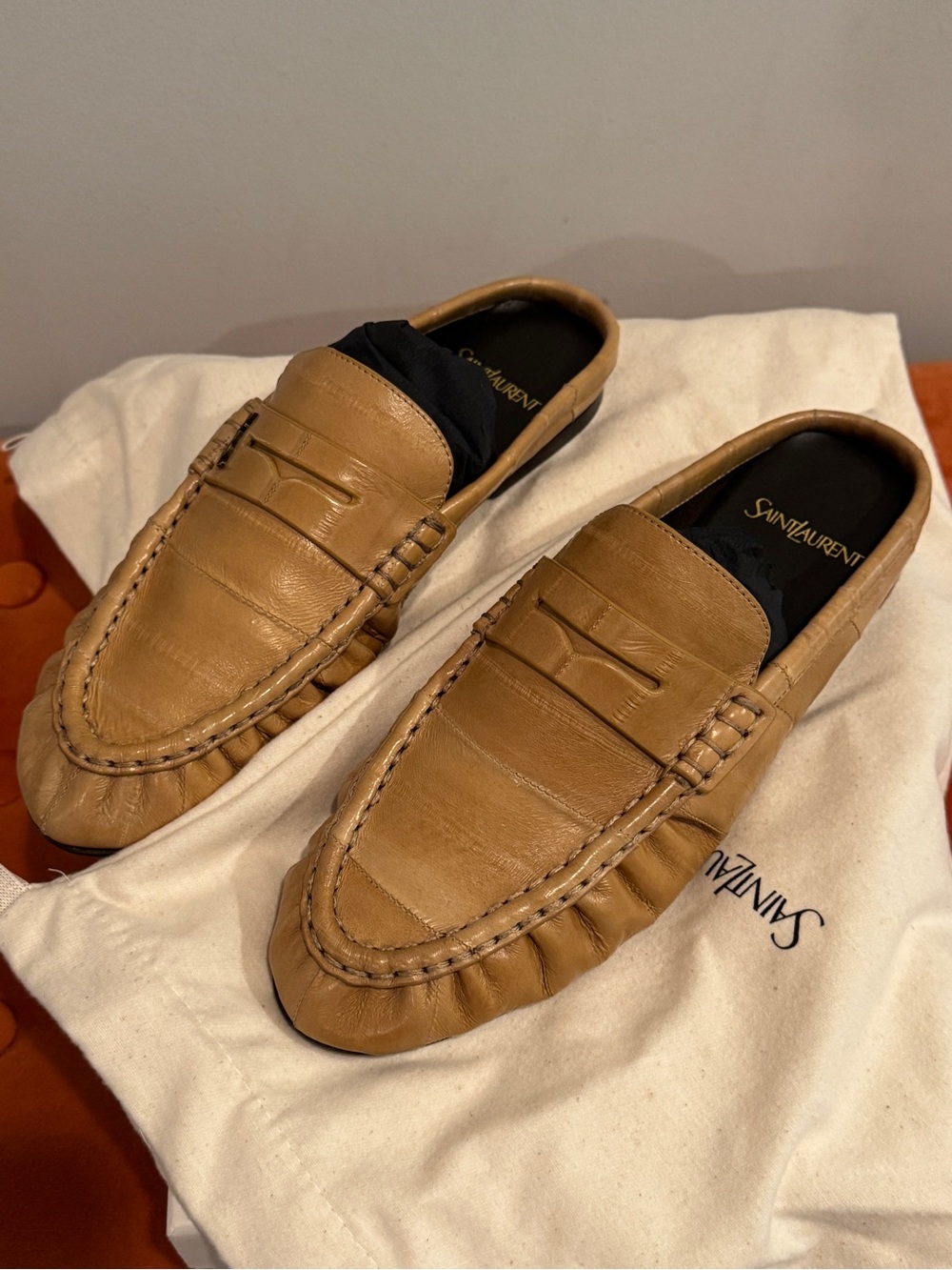 Saint Laurent Tan Eel Leather Backless Penny Loafer Slide